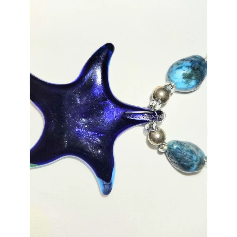 Blue Art Glass Starfish Pendant Beaded Necklace & Green Stretch Bracelet Set